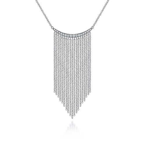 14K White Gold Diamond Curved Bar and Waterfall Chain Necklace