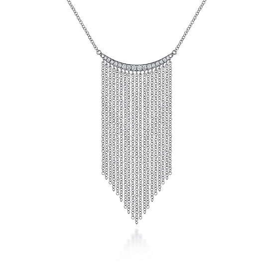 Gabriel - 14K White Gold Diamond Curved Bar and Waterfall Chain Necklace