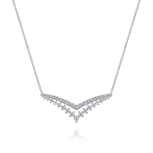 14K White Gold Diamond Double Chevron Bar  Necklace