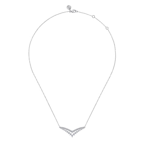 14K White Gold Diamond Double Chevron Bar  Necklace
