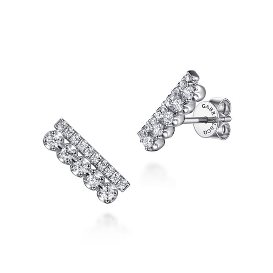 14K White Gold Diamond Double Row Stacked Ear Climber Earrings 