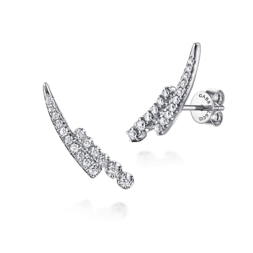 14K White Gold Diamond Double Row Stacked Ear Climber Earrings 