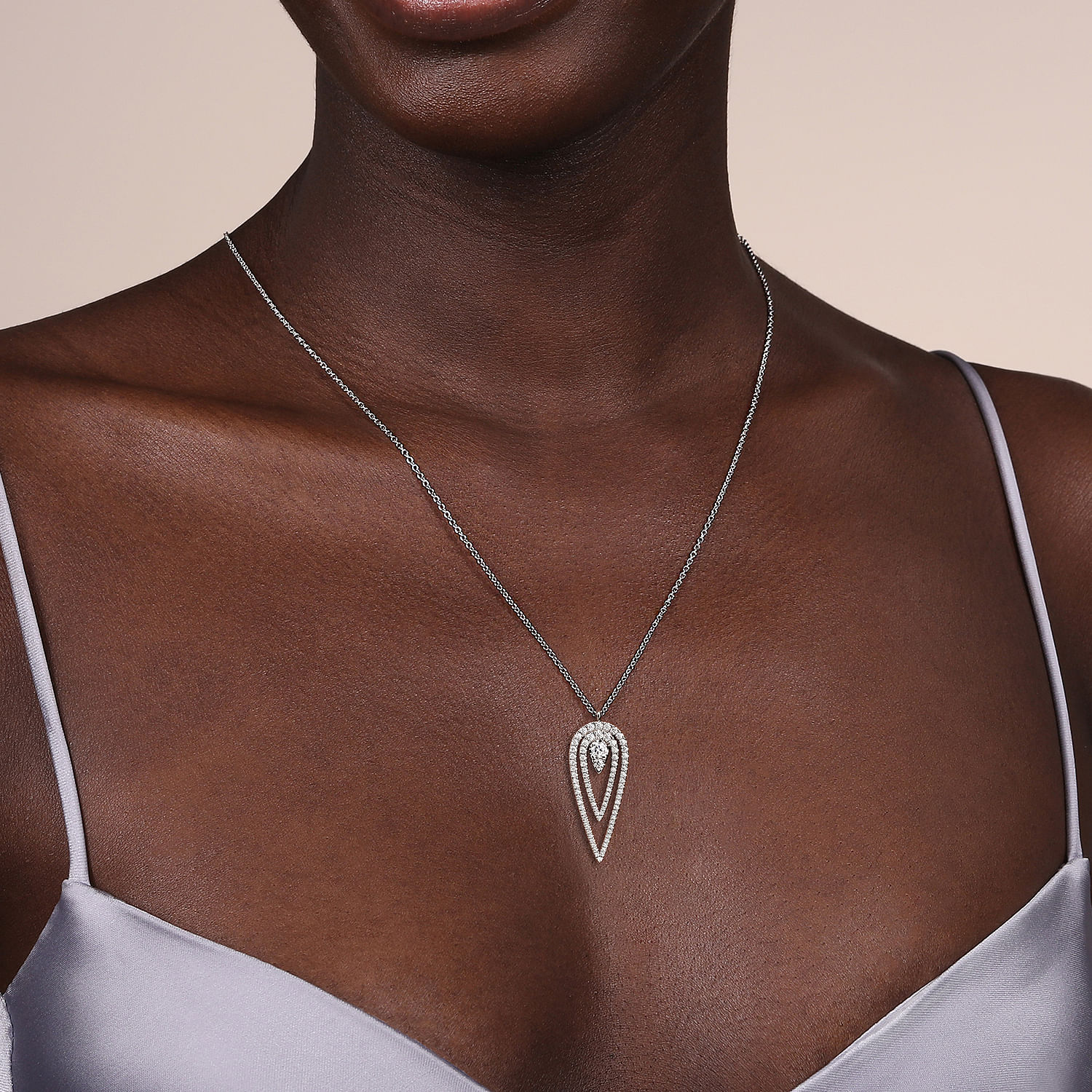 14K White Gold Diamond Drop Elongated Pear Shape Pendant Necklace