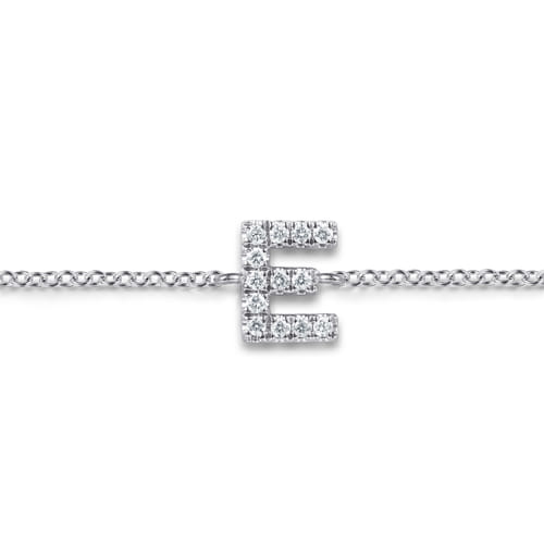 14K White Gold Diamond E Initial Chain Bracelet