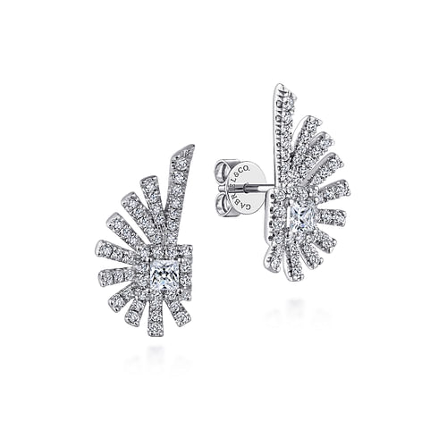 14K White Gold Diamond Fan Ear Climber Earrings