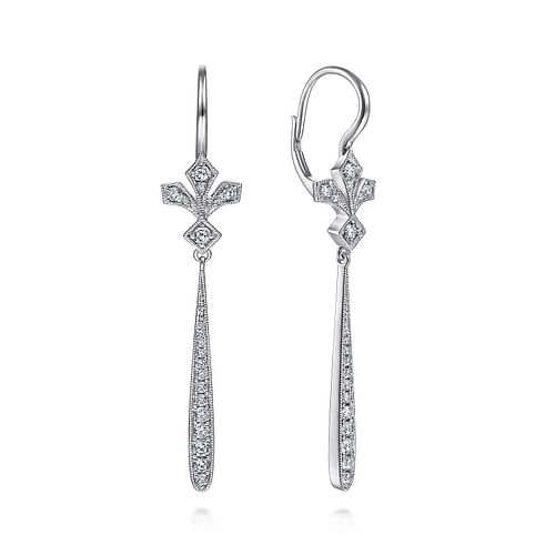 14K White Gold Diamond Fan and Long Bar Drop Earrings