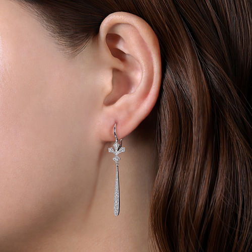 14K White Gold Diamond Fan and Long Bar Drop Earrings