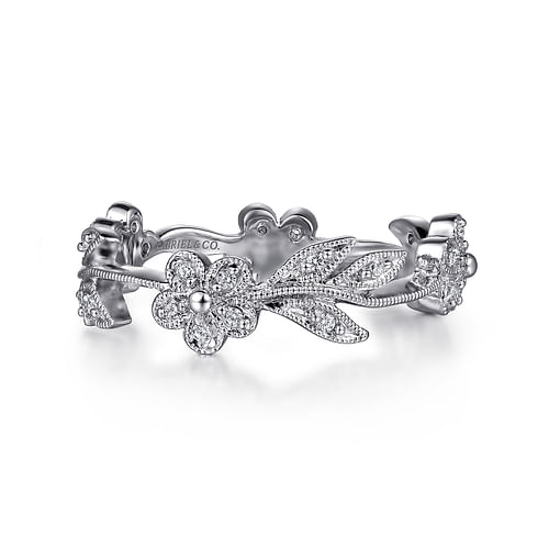 14K White Gold Diamond Floral Contoured Stackable Ring