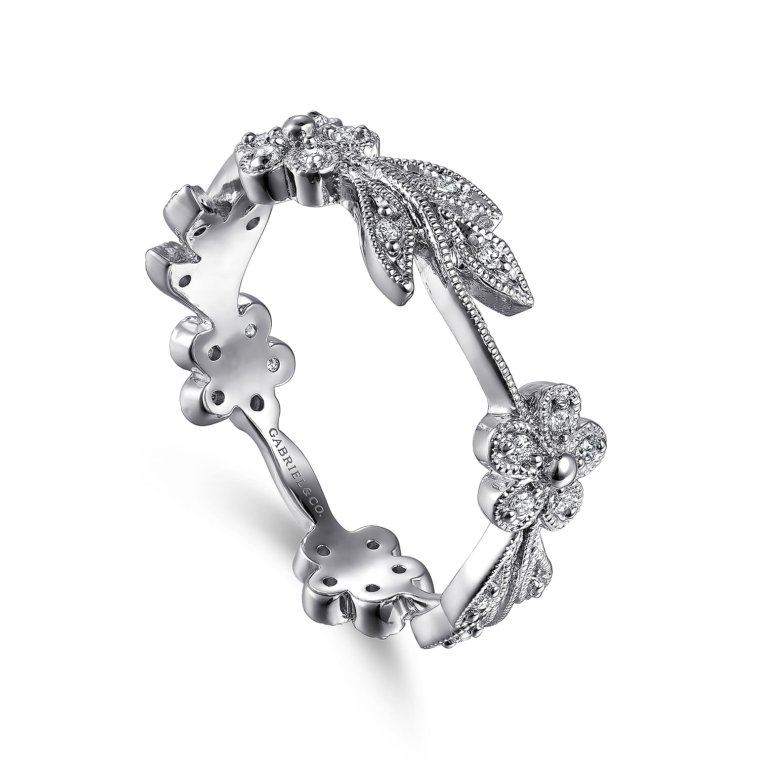14K White Gold Diamond Floral Contoured Stackable Ring