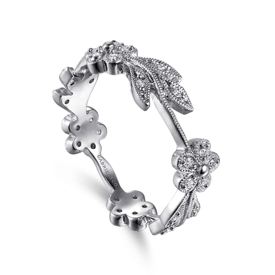 14K White Gold Diamond Floral Contoured Stackable Ring angle 3
