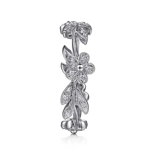 14K White Gold Diamond Floral Contoured Stackable Ring