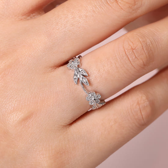 14K White Gold Diamond Floral Contoured Stackable Ring angle 5
