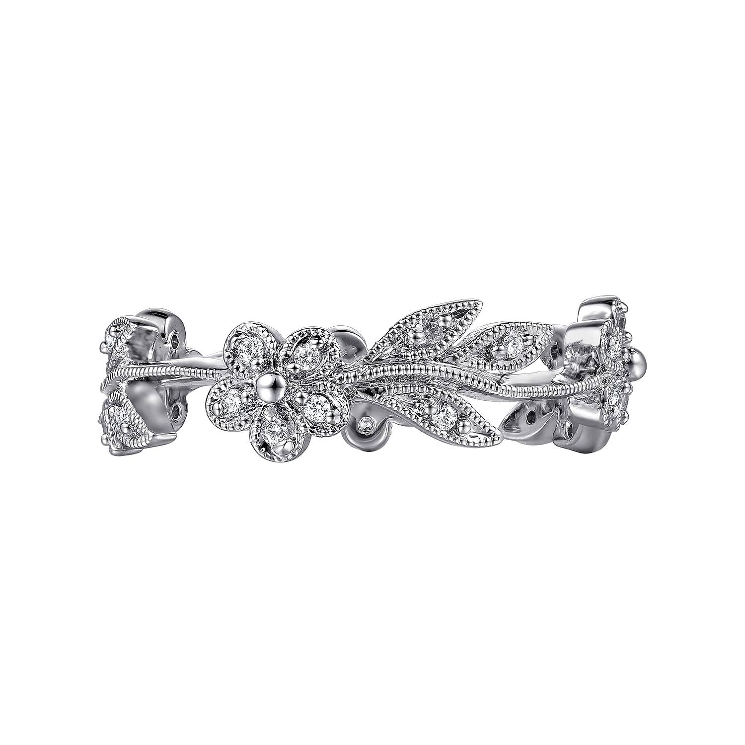 14K White Gold Diamond Floral Contoured Stackable Ring