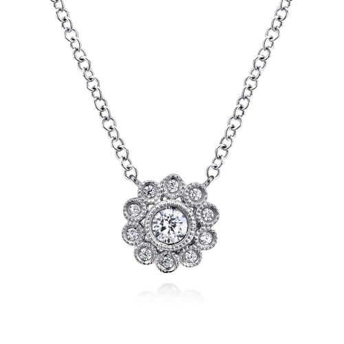 14K White Gold Diamond Flower Pendant Necklace
