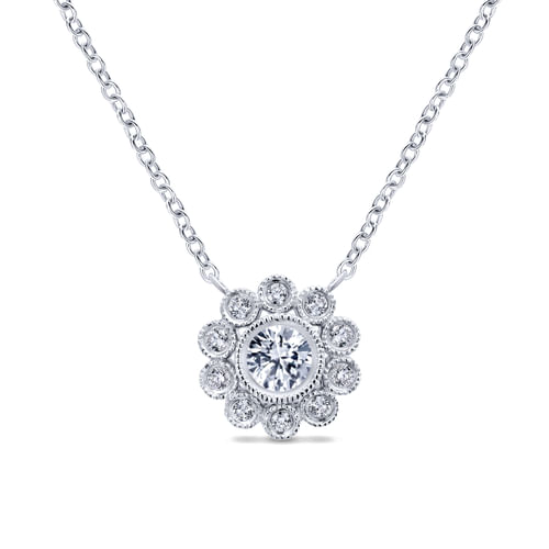 14K White Gold Diamond Flower Pendant Necklace