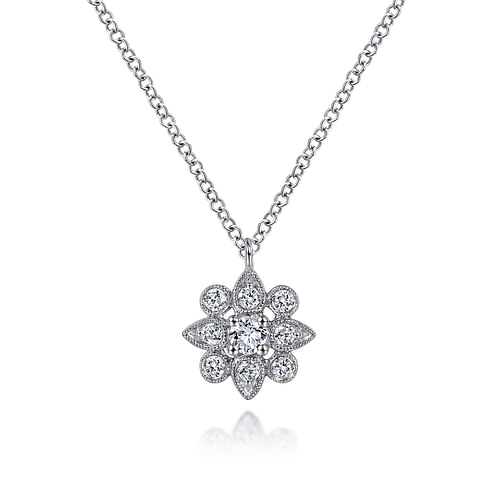 14K White Gold Diamond Flower Pendant Necklace