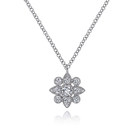 Gabriel - 14K White Gold Diamond Flower Pendant Necklace