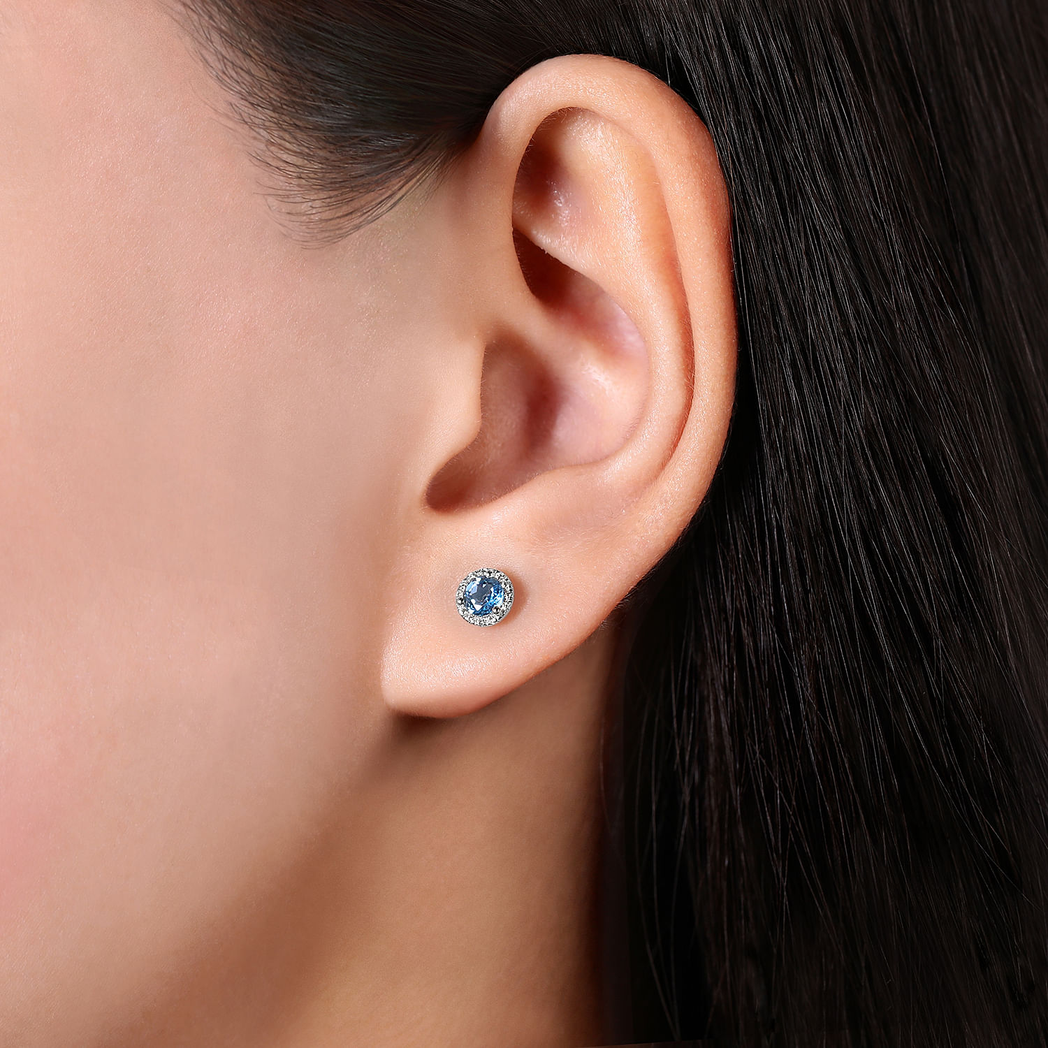 14K White Gold Diamond Halo & Swiss Blue Topaz Stud Earrings