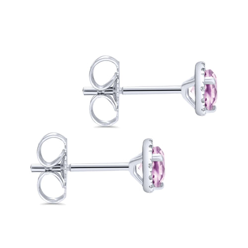14K White Gold Diamond Halo Amethyst Stud Earrings