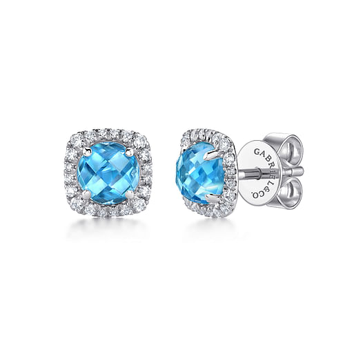 14K White Gold Diamond Halo Swiss Blue Topaz Stud Earrings