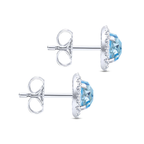 14K White Gold Diamond Halo Swiss Blue Topaz Stud Earrings