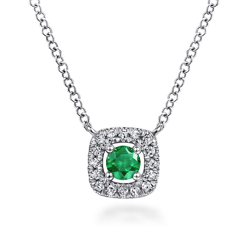 14K White Gold Diamond Halo and Emerald Pendant Necklace