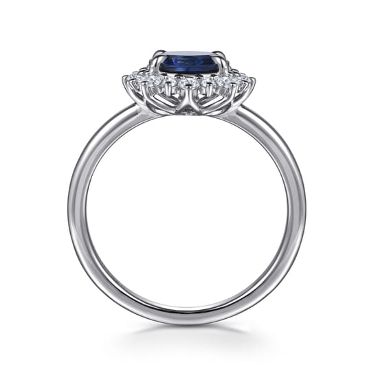 14K White Gold Diamond Halo and Oval Sapphire Classic Ladies Ring angle 2