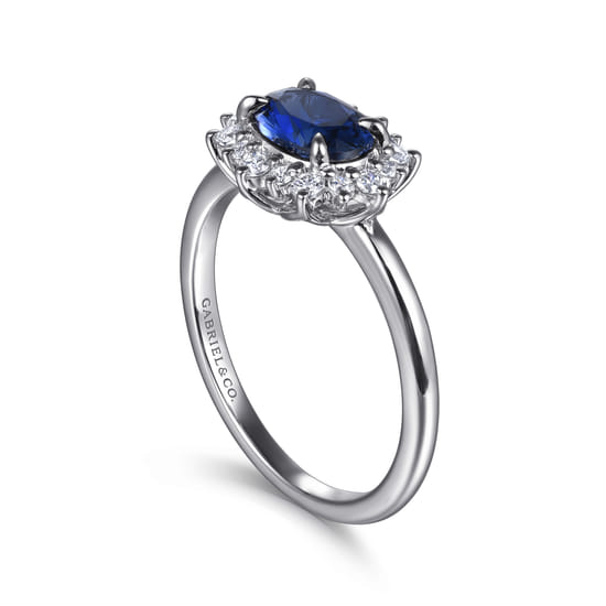 14K White Gold Diamond Halo and Oval Sapphire Classic Ladies Ring angle 3