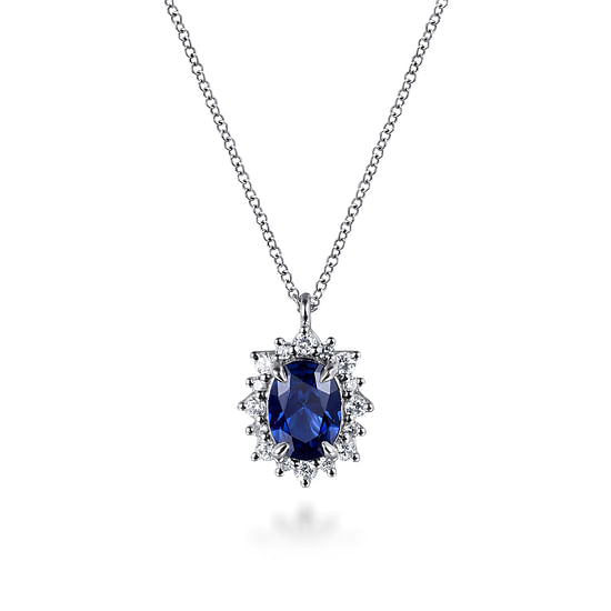 Gabriel - 14K White Gold Diamond Halo and Oval Sapphire Classic Pendant Necklace