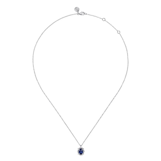 14K White Gold Diamond Halo and Oval Sapphire Classic Pendant Necklace angle 2