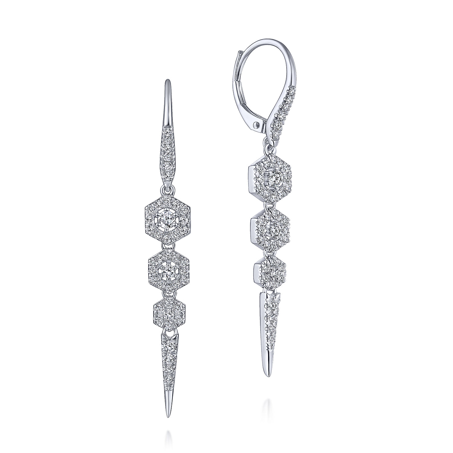 14K White Gold Diamond Hexagon Stations and Spike Drop Earrings
