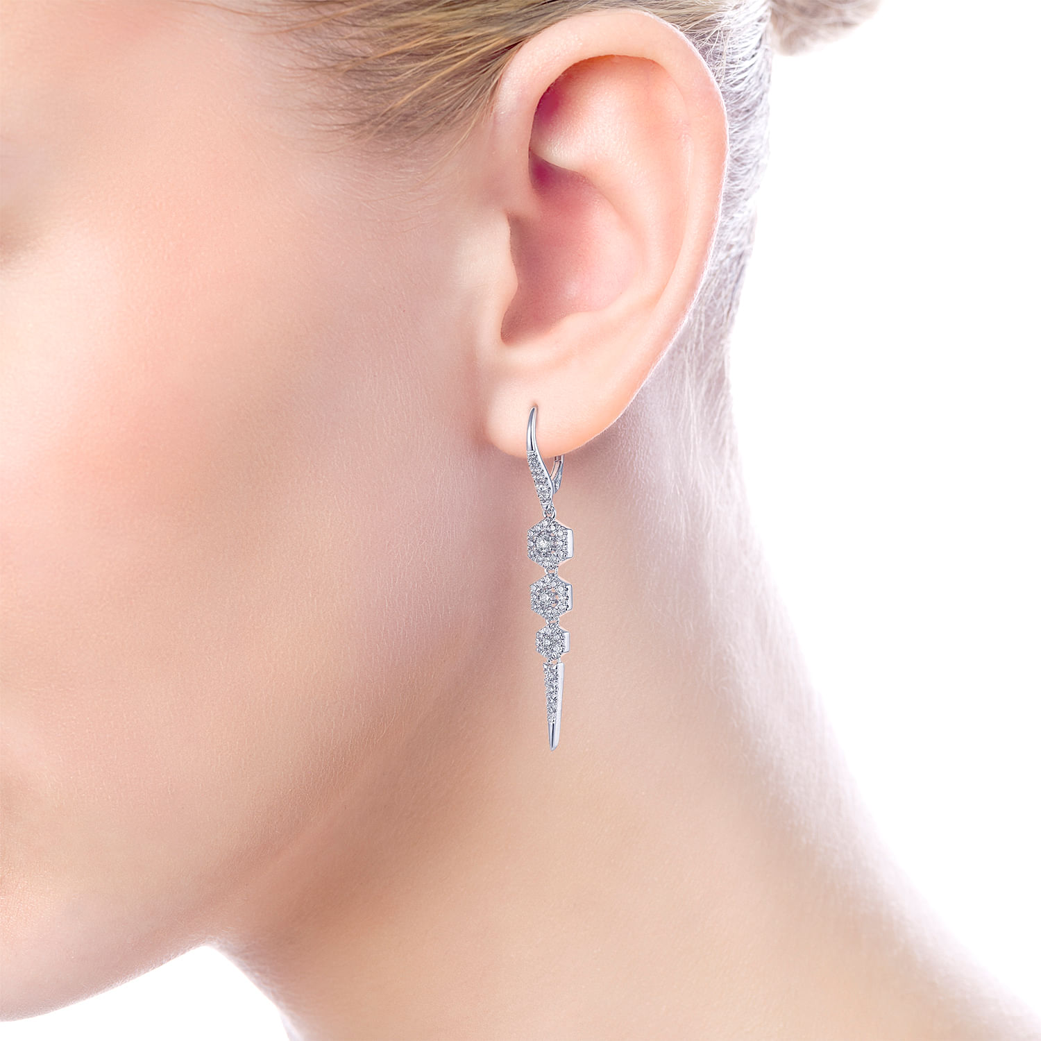 14K White Gold Diamond Hexagon Stations and Spike Drop Earrings