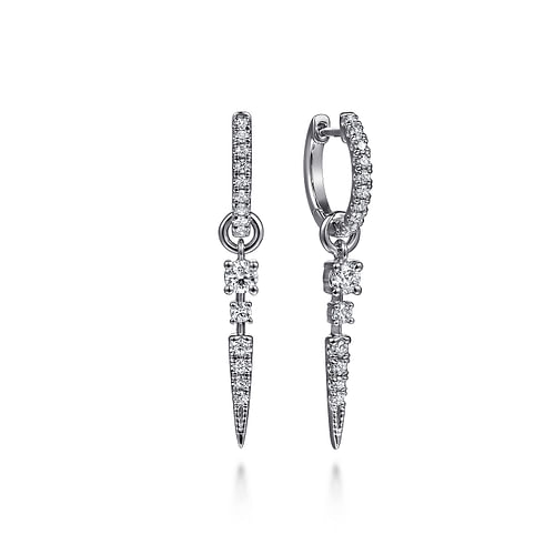 14K White Gold Diamond Huggie Earrings with Spike Drops