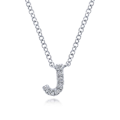 14K White Gold Diamond J Initial Pendant Necklace