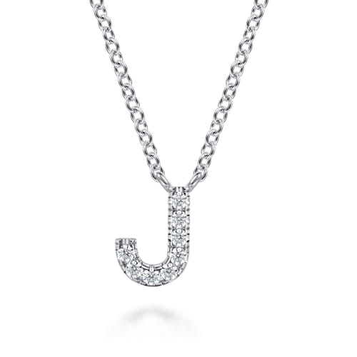 14K White Gold Diamond J Initial Pendant Necklace