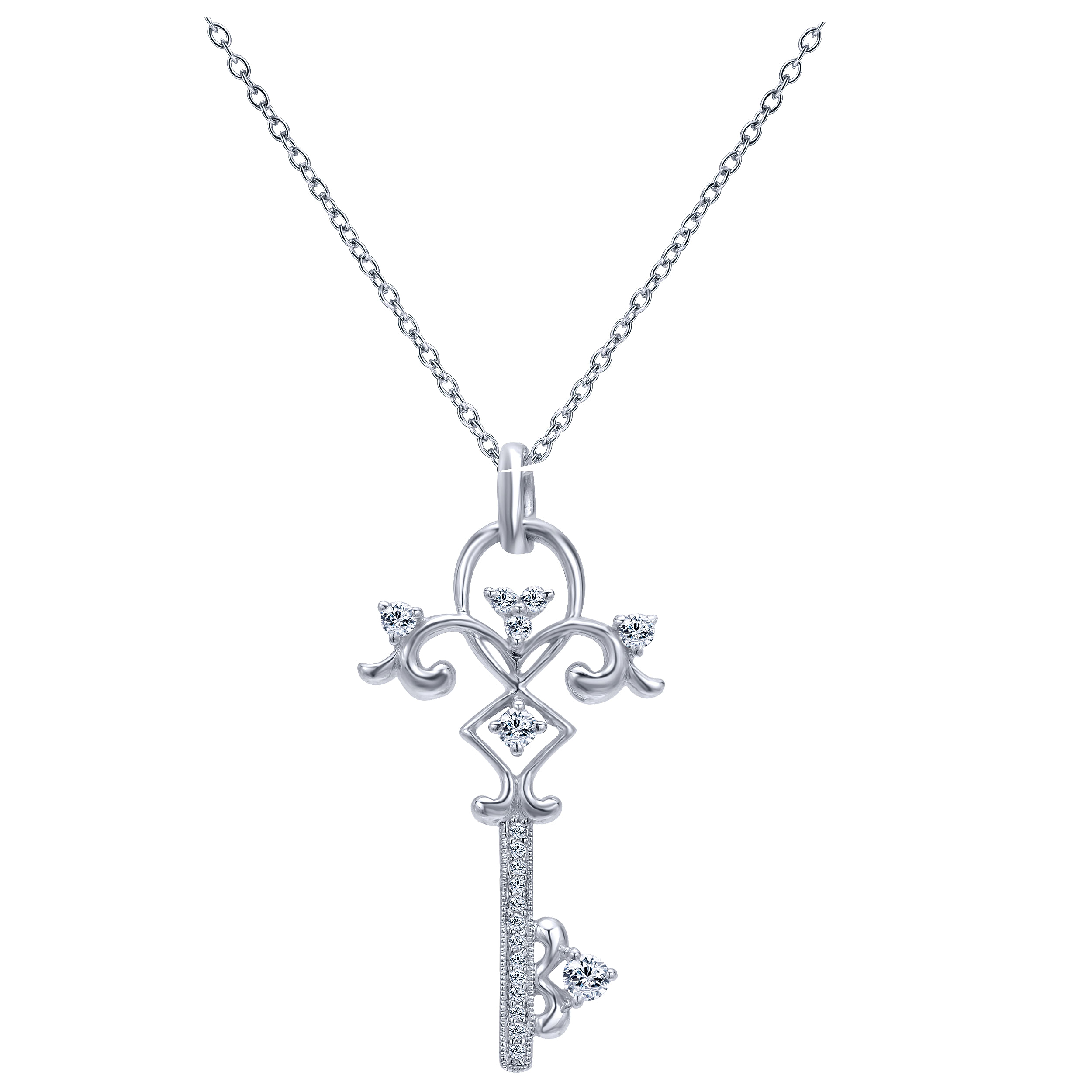 14K White Gold Diamond Key Pendant Necklace