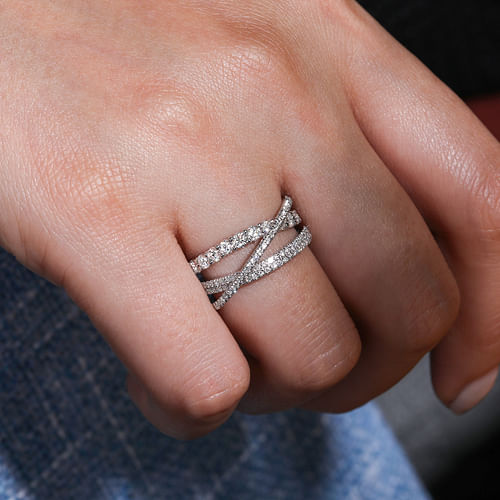 14K White Gold Diamond Layered Criss Cross Ring 