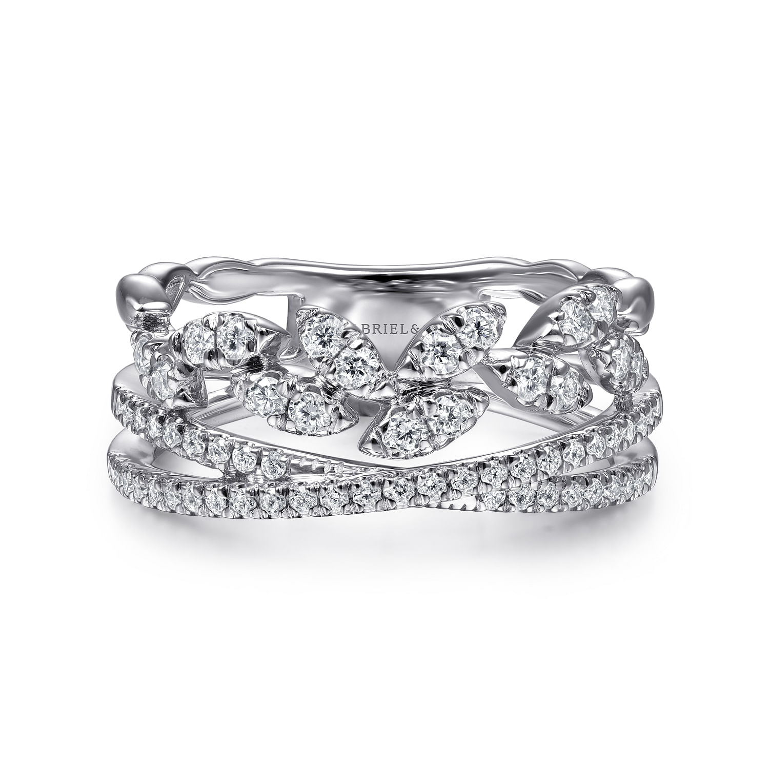 Gabriel - 14K White Gold Diamond Leaf Cluster and Criss Cross Ring