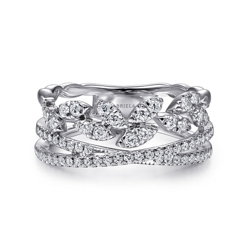 14K White Gold Diamond Leaf Cluster and Criss Cross Ring