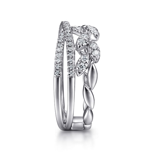 14K White Gold Diamond Leaf Cluster and Criss Cross Ring