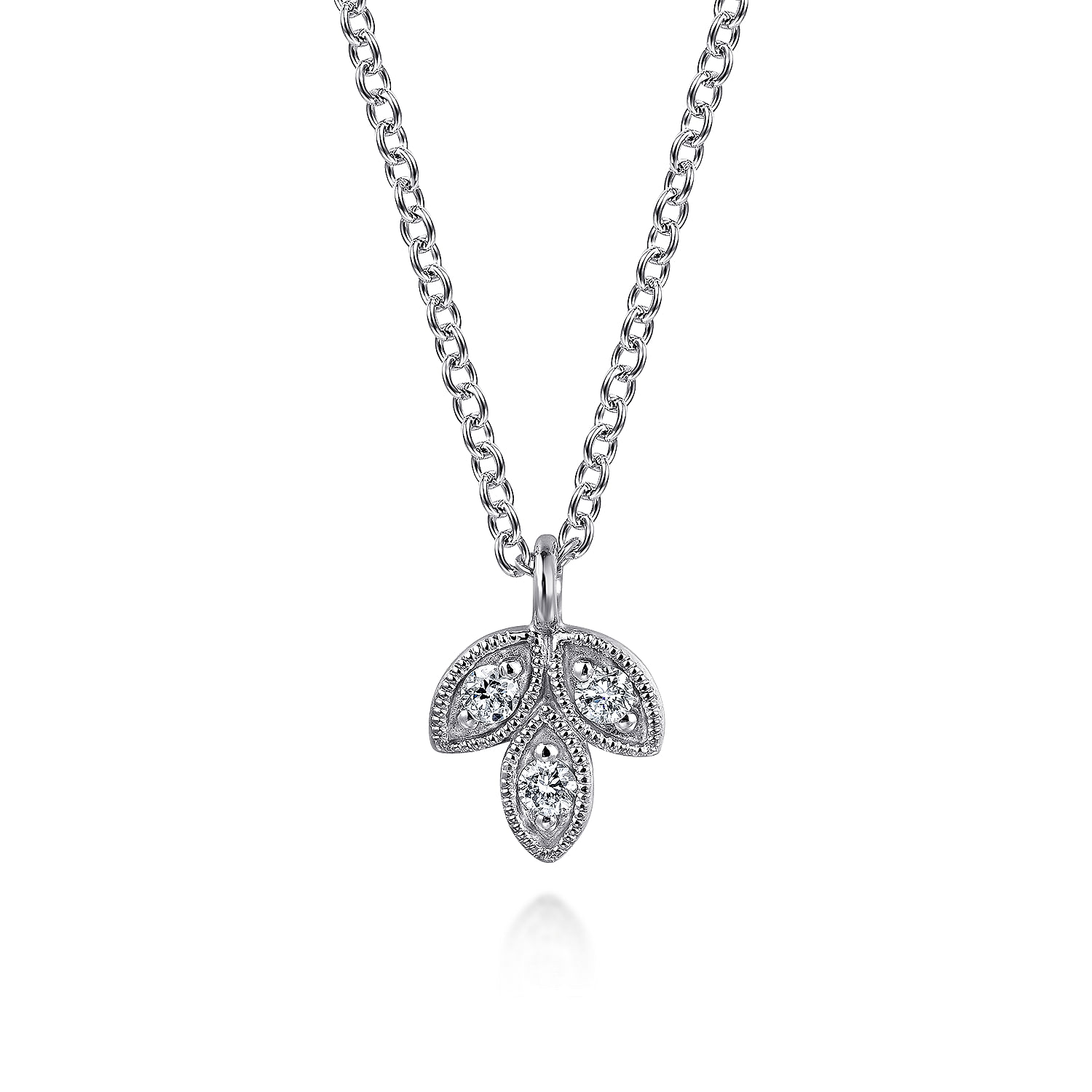 14K White Gold Diamond Leaf Shape Pendant Necklace 