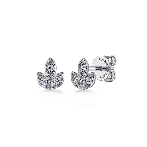 14K White Gold Diamond Leaf Shape Stud Earrings