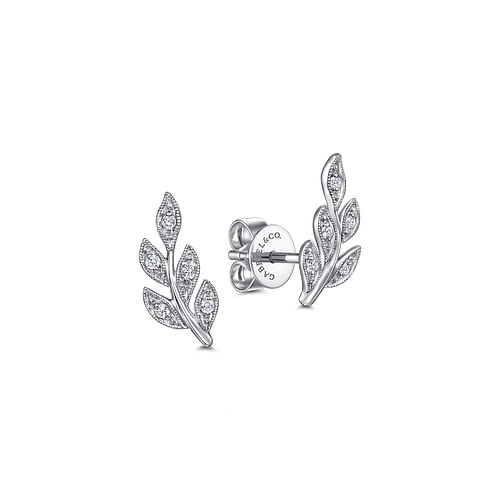 14K White Gold Diamond Leaf Stud Earrings