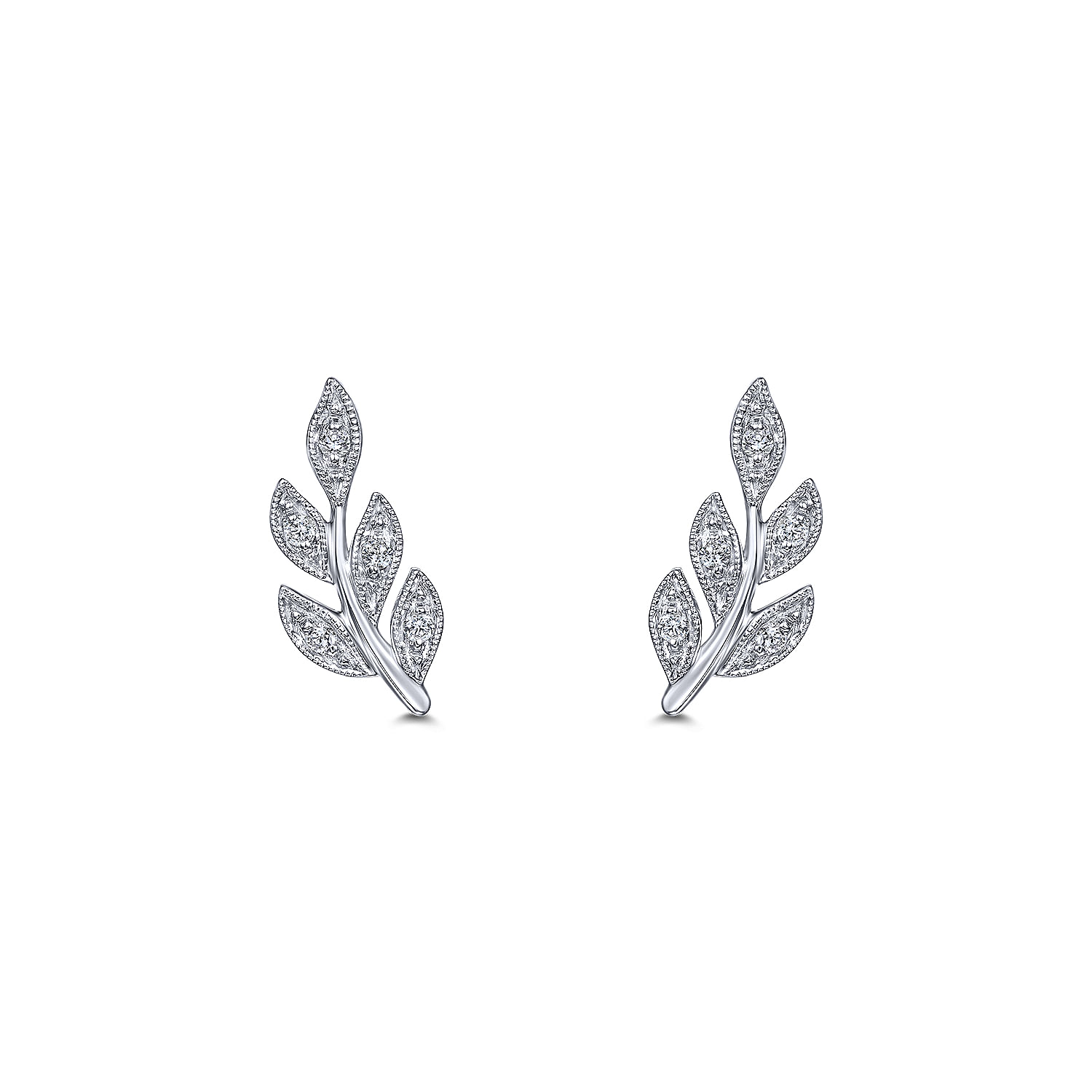14K White Gold Diamond Leaf Stud Earrings