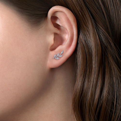 14K White Gold Diamond Leaf Stud Earrings