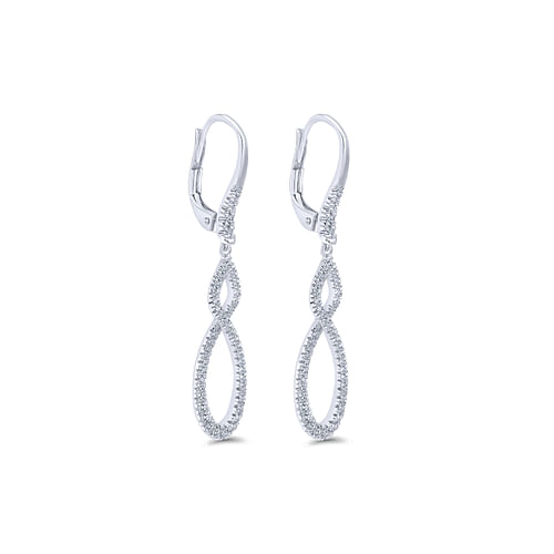 14K White Gold Diamond Lever Back Drop Earrings