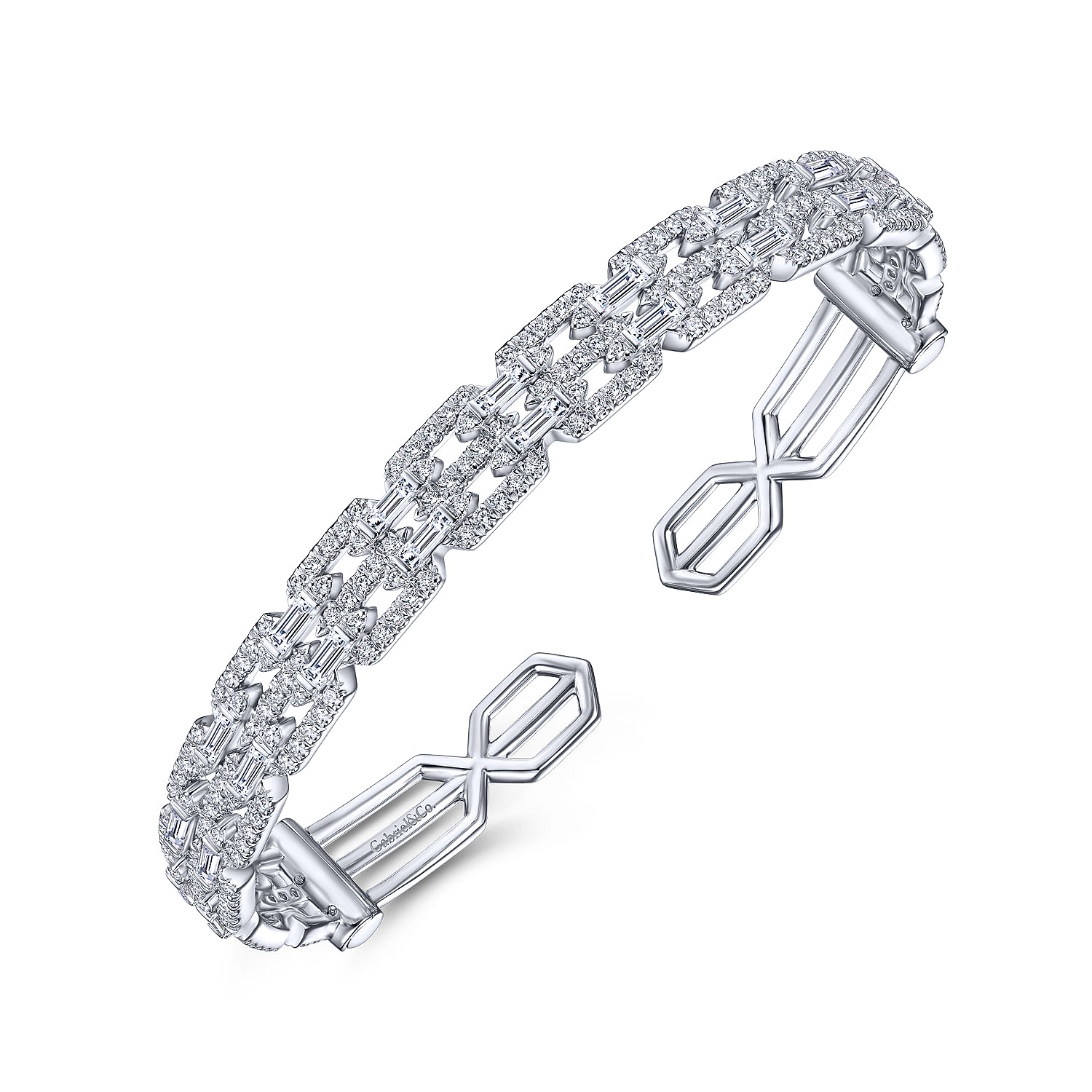 14K White Gold Diamond Link Cuff with Diamond Baguette Spacers