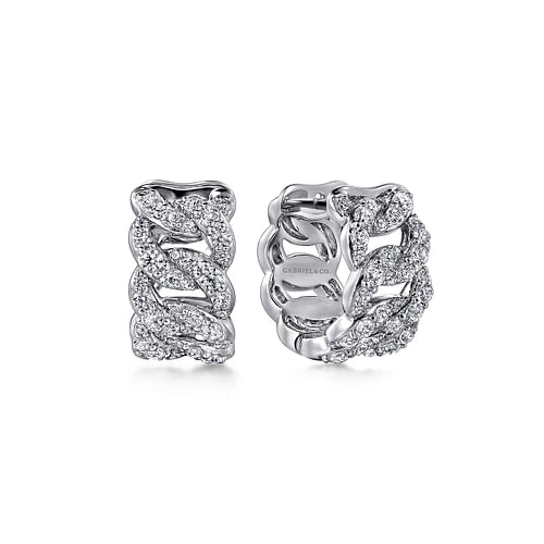 14K White Gold Diamond Link Huggie Earrings