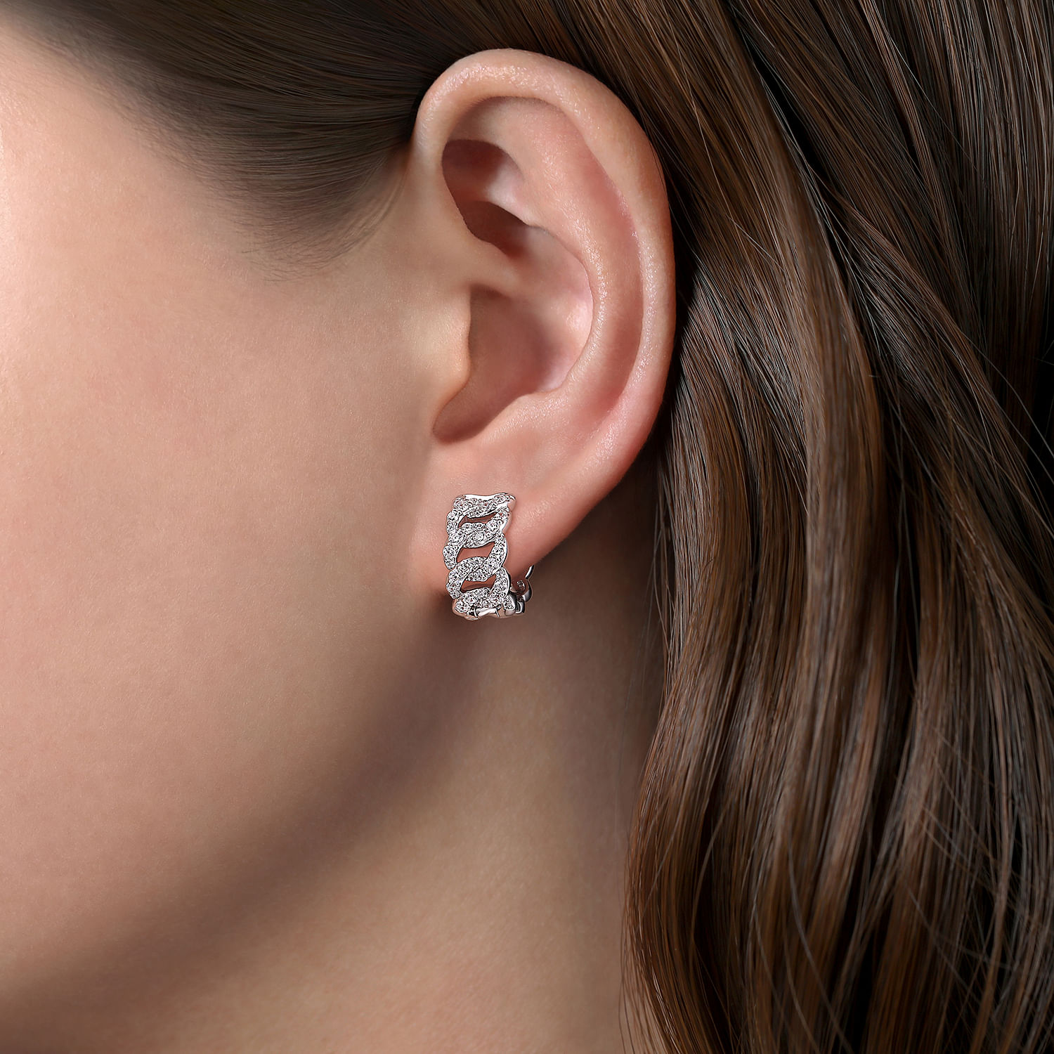 14K White Gold Diamond Link Huggie Earrings