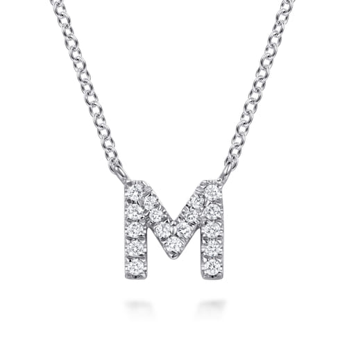 14K White Gold Diamond M Initial Pendant Necklace